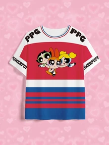 THE POWERPUFF GIRLS X SHEIN Plus Size Women's Crew Neck Cartoon Print Casual Traditional Summer T-Shirt Formal Vacation White - White - View 3