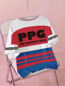 THE POWERPUFF GIRLS X SHEIN Plus Size Women's Crew Neck Cartoon Print Casual Traditional Summer T-Shirt Formal Vacation White - White - View 2