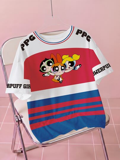 THE POWERPUFF GIRLS X SHEIN T-shirt estiva casual da donna taglie forti con girocollo e stampa cartoni animati per uso quotidiano