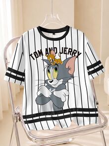 TOM & JERRY X SHEIN Kaos Pria Bergaris & Bergambar Kartun - Putih - View 1