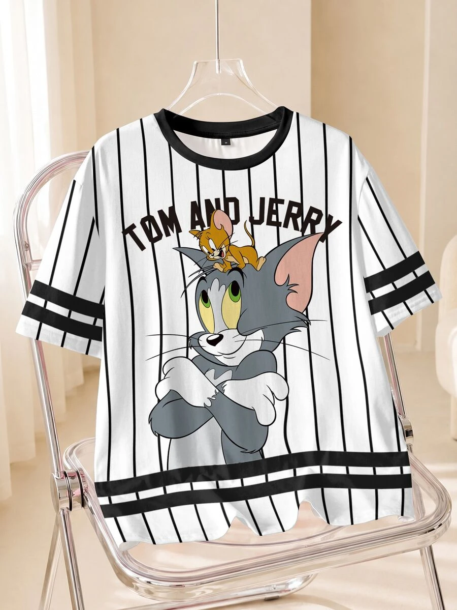 TOM & JERRY X SHEIN Kaos Pria Bergaris & Bergambar Kartun - Putih - View 1