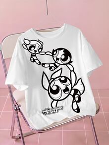 THE POWERPUFF GIRLS X SHEIN 大尺碼夏季休閒卡通印花T恤 - 白色 - 查看 1