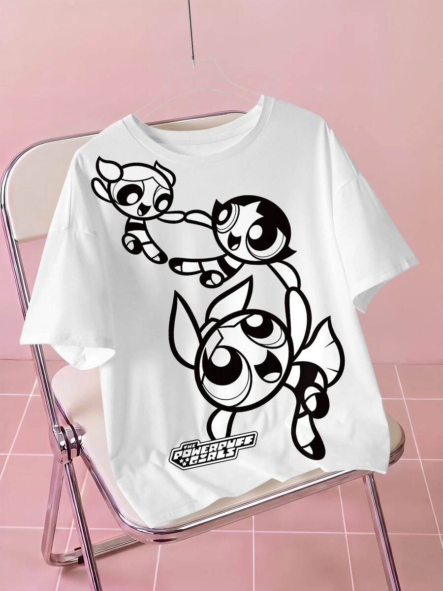 THE POWERPUFF GIRLS X SHEIN 大尺碼夏季休閒卡通印花T恤 - 白色 - 查看 1
