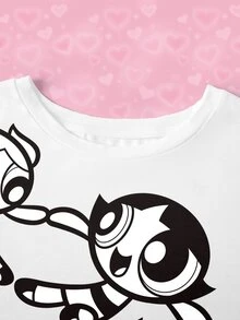 THE POWERPUFF GIRLS X SHEIN 大尺碼夏季休閒卡通印花T恤 - 白色 - 查看 5