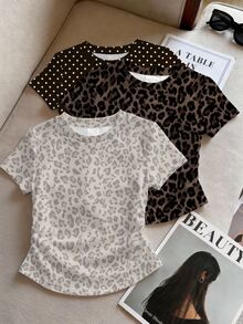 Dopamine Color, Leopard Print And Polka Dot, Tween Girls Simple Round Neck Waist Ruched Fitted Short Sleeve 3 Pieces T-Shirt Set, Suitable For Spring - Multicolor - View 3