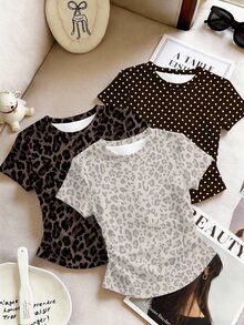 Dopamine Color, Leopard Print And Polka Dot, Tween Girls Simple Round Neck Waist Ruched Fitted Short Sleeve 3 Pieces T-Shirt Set, Suitable For Spring - Multicolor - View 1