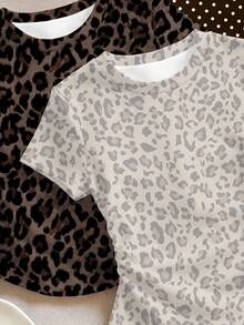 Dopamine Color, Leopard Print And Polka Dot, Tween Girls Simple Round Neck Waist Ruched Fitted Short Sleeve 3 Pieces T-Shirt Set, Suitable For Spring - Multicolor - View 5