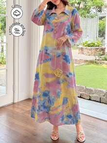 Yasmyna Collared Front Button Cotton Printed Multicolor Long Shirt Autumn Vacation - Multicolor - View 4
