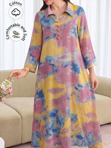 Yasmyna Collared Front Button Cotton Printed Multicolor Long Shirt Autumn Vacation - Multicolor - View 3