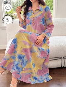 Yasmyna Collared Front Button Cotton Printed Multicolor Long Shirt Autumn Vacation - Multicolor - View 1