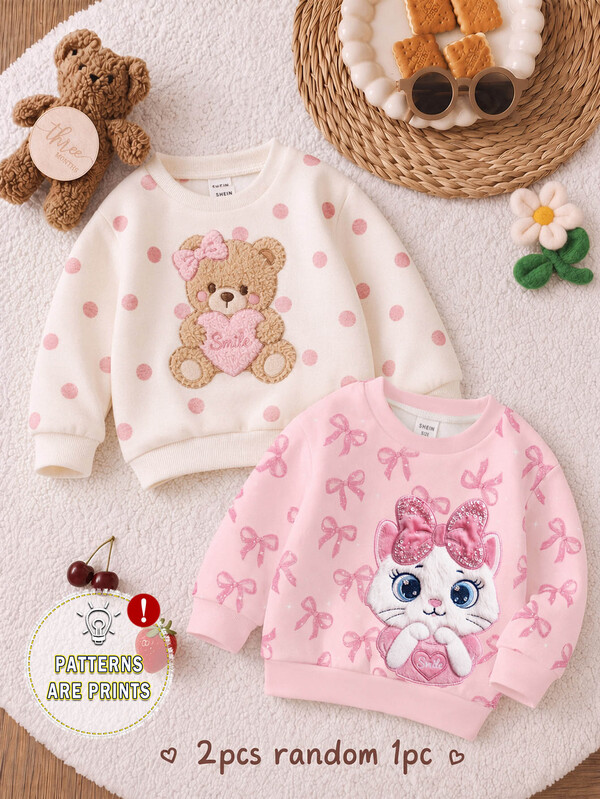 Cream Pink, Soft Sweet Girly Style Glitter Bow Cat Plush Applique Embroidery Pattern, Young Girl Casual Thick Soft Comfortable Crew Neck Pullover Sweatshirt Suitable For Autumn/Winter Daily, Back To School, Outings, New Style, Sweet Girly, Girly Style