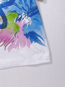 Sparklyn 青少年女孩花卉印花短袖T恤與長褲休閒日常套裝 - 藍色 - 查看 3