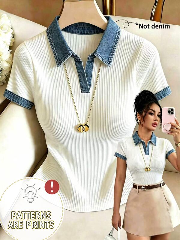 Elenzga 女款休閒學院風日常通勤上學 Polo 領丹寧效果拼接上衣 返校季 藍白配色 夏季