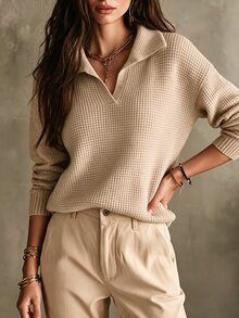 SHEIN 秋冬輕量燕麥色 Polo V領針織上衣，休閒極簡風，單穿或疊穿皆宜 - 杏色 - 查看 5