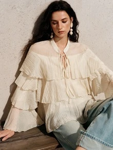 BELROSIE Cream White Elegant Chic Chiffon Blouse,Summer Tea Party Ruffled Collar And Tie,Loose Fit Versatile Crinkle Texture Minimalist Solid Colors - Beige - View 8