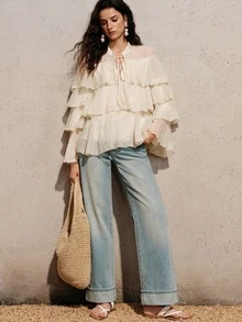 BELROSIE Cream White Elegant Chic Chiffon Blouse,Summer Tea Party Ruffled Collar And Tie,Loose Fit Versatile Crinkle Texture Minimalist Solid Colors - Beige - View 6