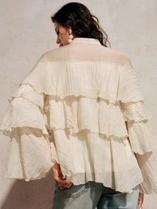 BELROSIE Cream White Elegant Chic Chiffon Blouse,Summer Tea Party Ruffled Collar And Tie,Loose Fit Versatile Crinkle Texture Minimalist Solid Colors - Beige - View 3