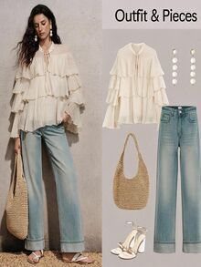 BELROSIE Cream White Elegant Chic Chiffon Blouse,Summer Tea Party Ruffled Collar And Tie,Loose Fit Versatile Crinkle Texture Minimalist Solid Colors - Beige - View 1
