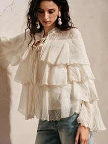 BELROSIE Cream White Elegant Chic Chiffon Blouse,Summer Tea Party Ruffled Collar And Tie,Loose Fit Versatile Crinkle Texture Minimalist Solid Colors - Beige - View 5