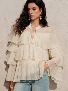 BELROSIE Cream White Elegant Chic Chiffon Blouse,Summer Tea Party Ruffled Collar And Tie,Loose Fit Versatile Crinkle Texture Minimalist Solid Colors - Beige - View 7