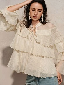 BELROSIE Cream White Elegant Chic Chiffon Blouse,Summer Tea Party Ruffled Collar And Tie,Loose Fit Versatile Crinkle Texture Minimalist Solid Colors - Beige - View 2