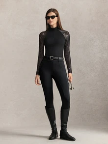 Activina Women's Solid Color Patchwork Rhinestone Long Sleeve Equestrian Top Casual Fashion Elegant Cycling Jersey Black Front Half-Zip Crystal Mesh - Black - View 3