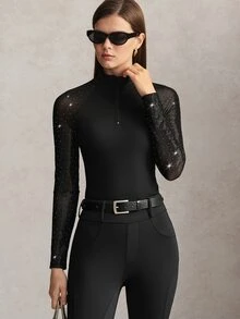 Activina Women's Solid Color Patchwork Rhinestone Long Sleeve Equestrian Top Casual Fashion Elegant Cycling Jersey Black Front Half-Zip Crystal Mesh - Black - View 7