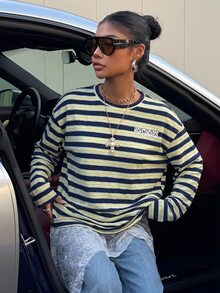 Muchica 女款圓領落肩長袖休閒街頭風條紋印花T恤，海軍藍，秋季日常穿著、外出與夜生活適用 - 彩色 - 查看 5