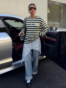 Muchica 女款圓領落肩長袖休閒街頭風條紋印花T恤，海軍藍，秋季日常穿著、外出與夜生活適用 - 彩色 - 查看 4