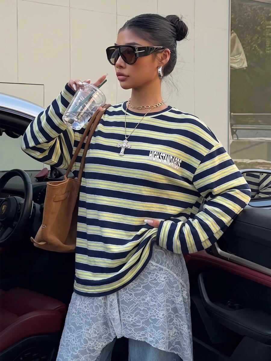 Muchica 女款圓領落肩長袖休閒街頭風條紋印花T恤,海軍藍,秋季日常穿著、外出與夜生活適用 - 彩色 - 查看 1