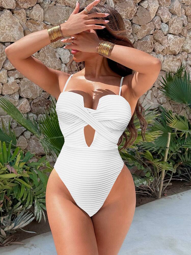 Swim SXY Solid Color Minimalist Vacation Style Push Up One-Piece Swimsuit, Wirefree Summer - White - View 3