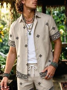 Alderstead Men's Textured Fabric Print Shirt And Shorts Set, Button Down, Drawstring Waist, Daily Casual And Vacation Wear, Suitable For Men - Multicolor - View 5