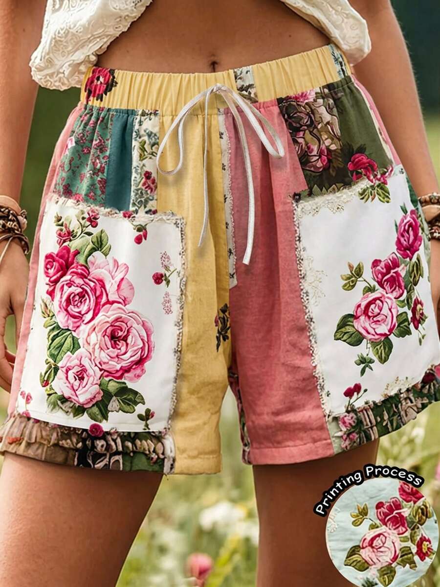 EMERY ROSE Pantalones cortos impresos minimalistas de vacaciones para mujer - Multicolor - Ver 1