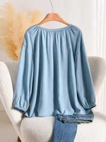 Lounesse Plus Size Women's Casual Shirt, Shell Trim Blouse, Casual Women's Clothing, Blue Tencel Top Cute Summer Outfit, Spring/Summer Blue Cardigan For Women - Blue - View 3