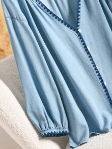 Lounesse Plus Size Women's Casual Shirt, Shell Trim Blouse, Casual Women's Clothing, Blue Tencel Top Cute Summer Outfit, Spring/Summer Blue Cardigan For Women - Blue - View 6