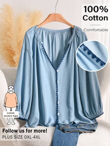 Lounesse Plus Size Women's Casual Shirt, Shell Trim Blouse, Casual Women's Clothing, Blue Tencel Top Cute Summer Outfit, Spring/Summer Blue Cardigan For Women - Blue - View 5