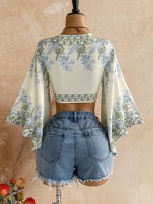 Soleia 休閒度假風前開襟繫帶式喇叭袖荷葉邊袖口豹紋女版襯衫 - 綠色 - 查看 2