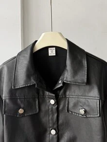 SHEIN 少女秋/冬休閒街頭甜酷機車風PU短夾克，黑色，寬鬆版型，翻領，貼袋，金屬鈕扣，前開襟，袖口環飾 - 黑色 - 查看 5