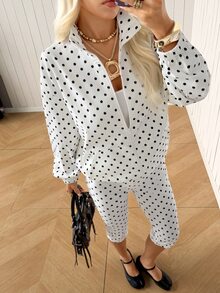 SHEIN EZwear White Polka Dot Jacket And Leggings 2 Pieces Set For Women - White - View 7
