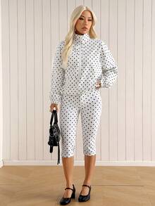 SHEIN EZwear White Polka Dot Jacket And Leggings 2 Pieces Set For Women - White - View 5