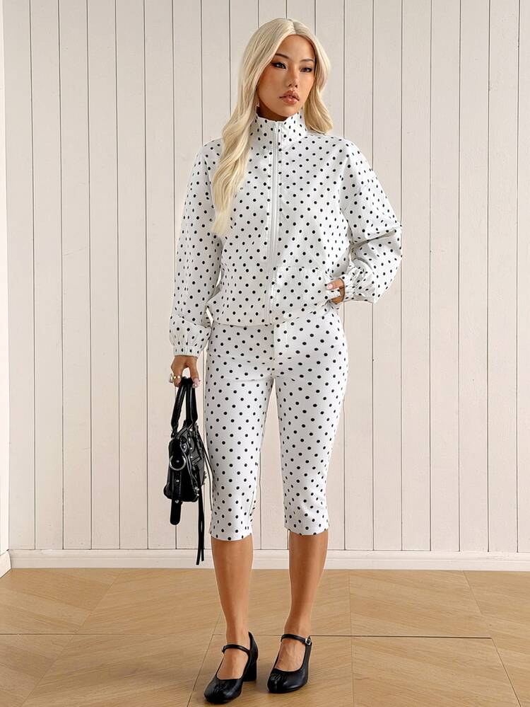 SHEIN EZwear 女款白色波點夾克與緊身褲兩件套 - 白色 - 查看 4