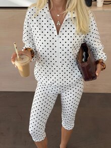 SHEIN EZwear White Polka Dot Jacket And Leggings 2 Pieces Set For Women - White - View 9