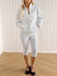 SHEIN EZwear White Polka Dot Jacket And Leggings 2 Pieces Set For Women - White - View 4