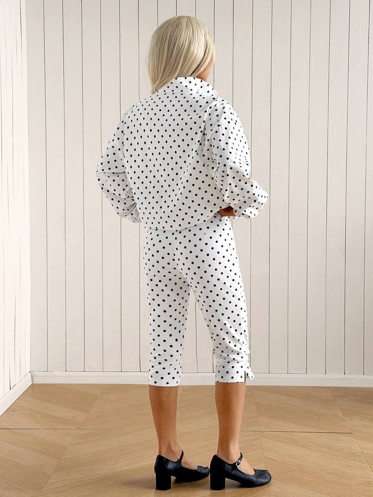 SHEIN EZwear 女款白色波點夾克與緊身褲兩件套 - 白色 - 查看 5