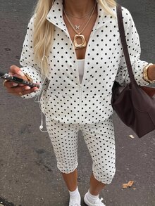 SHEIN EZwear White Polka Dot Jacket And Leggings 2 Pieces Set For Women - White - View 3