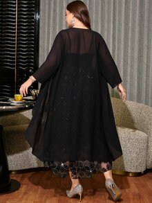 Reflora Plus Size Women Rhinestone Floral Print Spaghetti Strap Dress And Cardigan Fashion 2-Piece Set Fall - Black - View 3