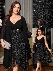 Reflora Plus Size Women Rhinestone Floral Print Spaghetti Strap Dress And Cardigan Fashion 2-Piece Set Fall - Black - View 2