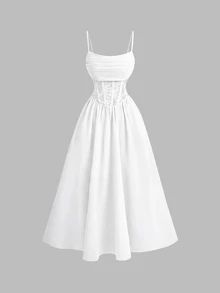 SHEIN MOD Pleated Lace Waistband Vintage Romantic Casual Elegant Spaghetti Strap White Midi Dress Wedding Vacation Party Mother Of The Bride Summer.Wedding.. - White - View 7