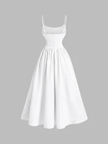 SHEIN MOD Pleated Lace Waistband Vintage Romantic Casual Elegant Spaghetti Strap White Midi Dress Wedding Vacation Party Mother Of The Bride Summer.Wedding.. - White - View 2