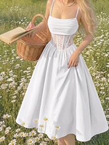 SHEIN MOD Pleated Lace Waistband Vintage Romantic Casual Elegant Spaghetti Strap White Midi Dress Wedding Vacation Party Mother Of The Bride Summer.Wedding.. - White - View 6
